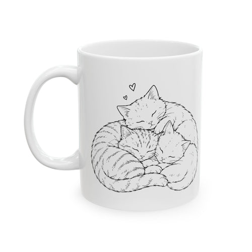 Cat Sketch Ceramic Mug - Minimalist Sleeping Cat Coffee Cup (11oz, 15oz)